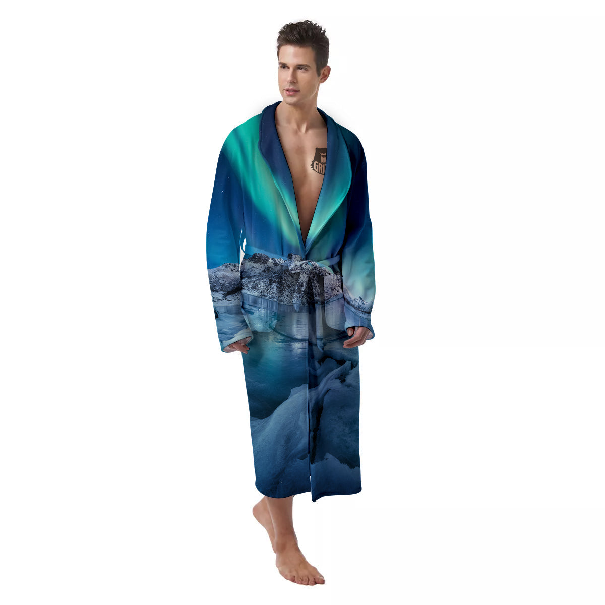 Aurora Borealis Blue Print Men's Robe-grizzshop