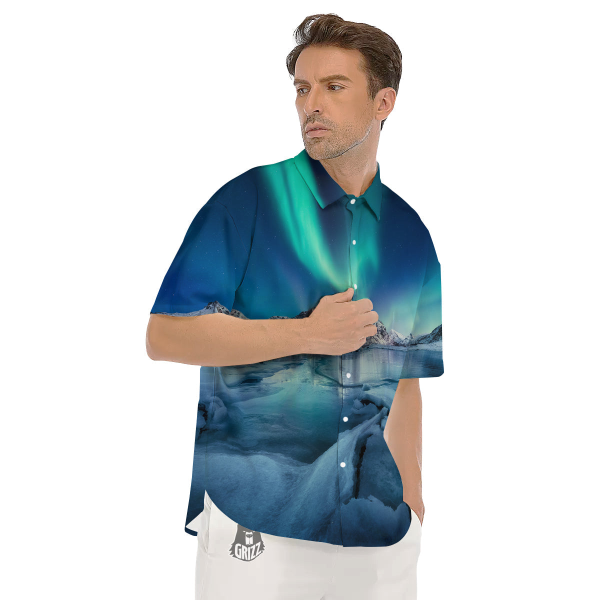 Aurora Borealis Blue Print Men's Short Sleeve Shirts-grizzshop