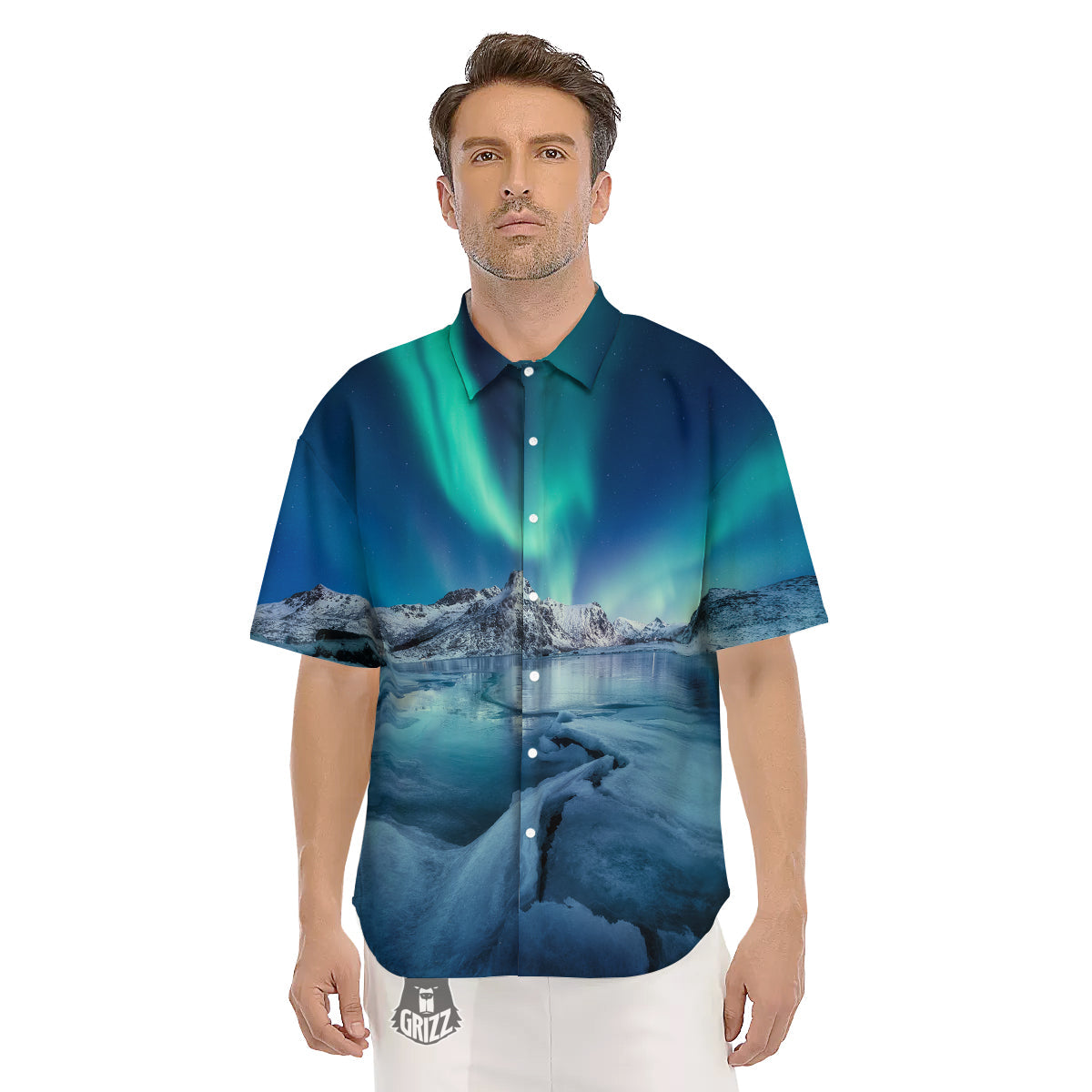 Aurora Borealis Blue Print Men's Short Sleeve Shirts-grizzshop