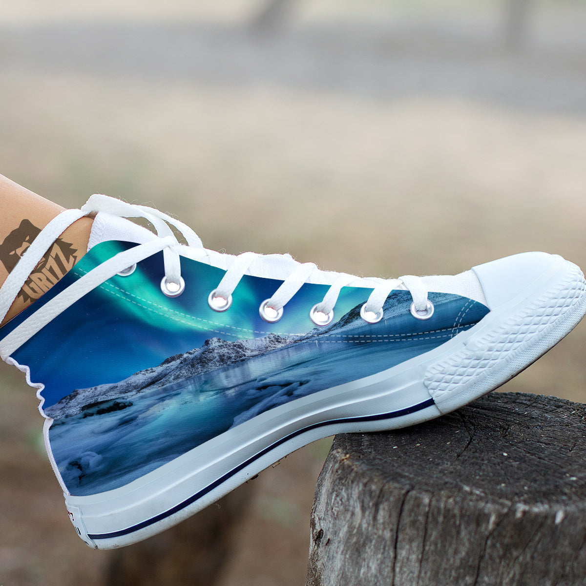 Aurora Borealis Blue Print White High Top Shoes-grizzshop