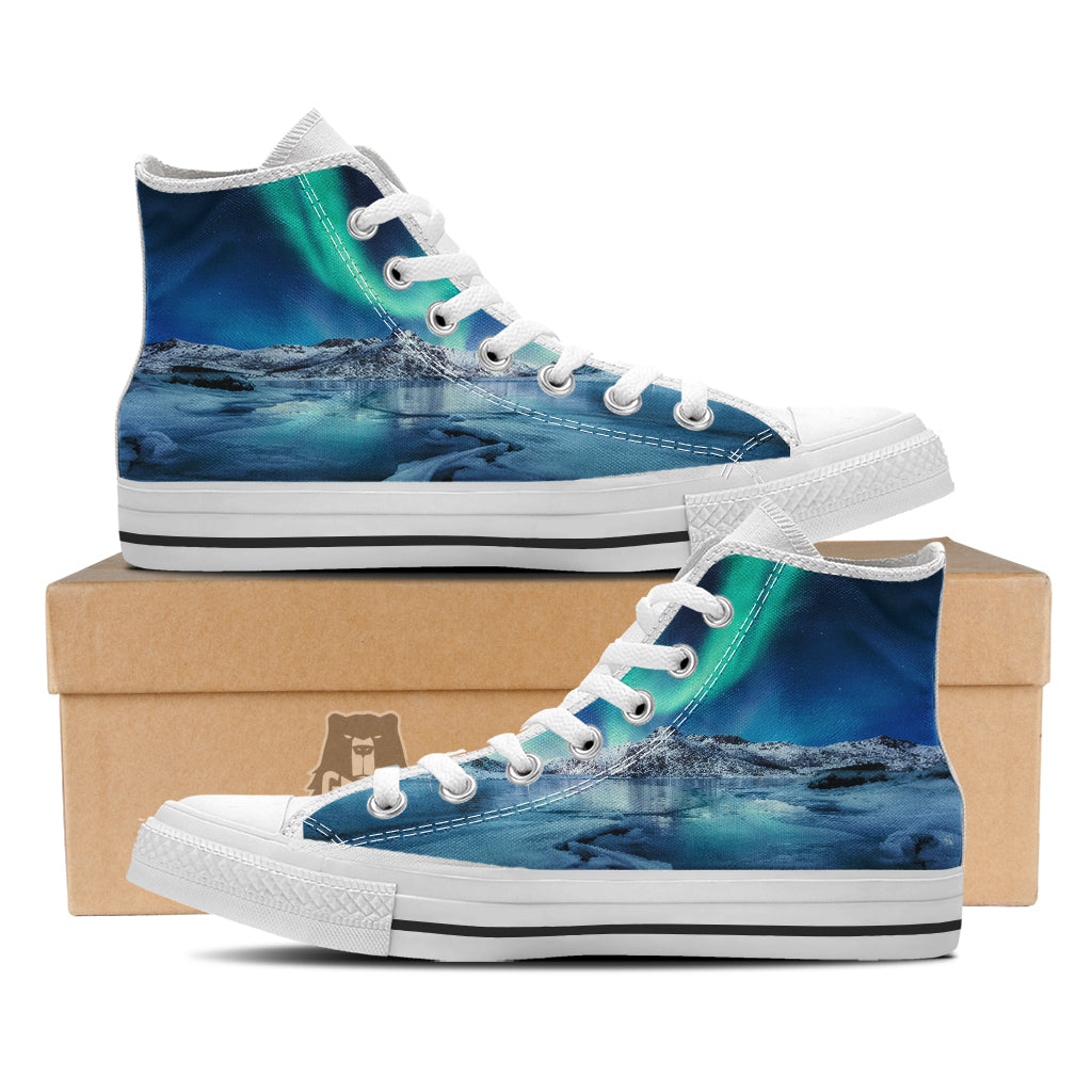 Aurora Borealis Blue Print White High Top Shoes-grizzshop