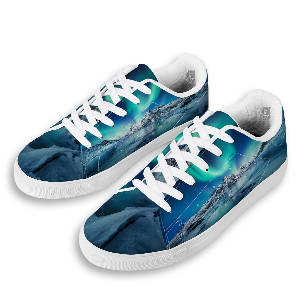 Aurora Borealis Blue Print White Low Top Sneakers-grizzshop