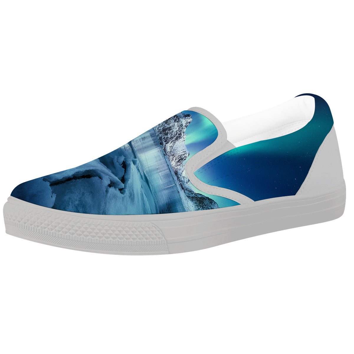 Aurora Borealis Blue Print White Slip On Shoes-grizzshop
