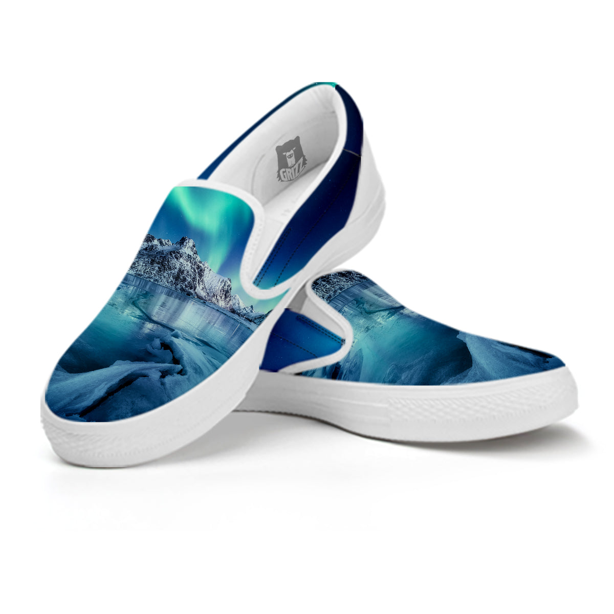 Aurora Borealis Blue Print White Slip On Shoes-grizzshop
