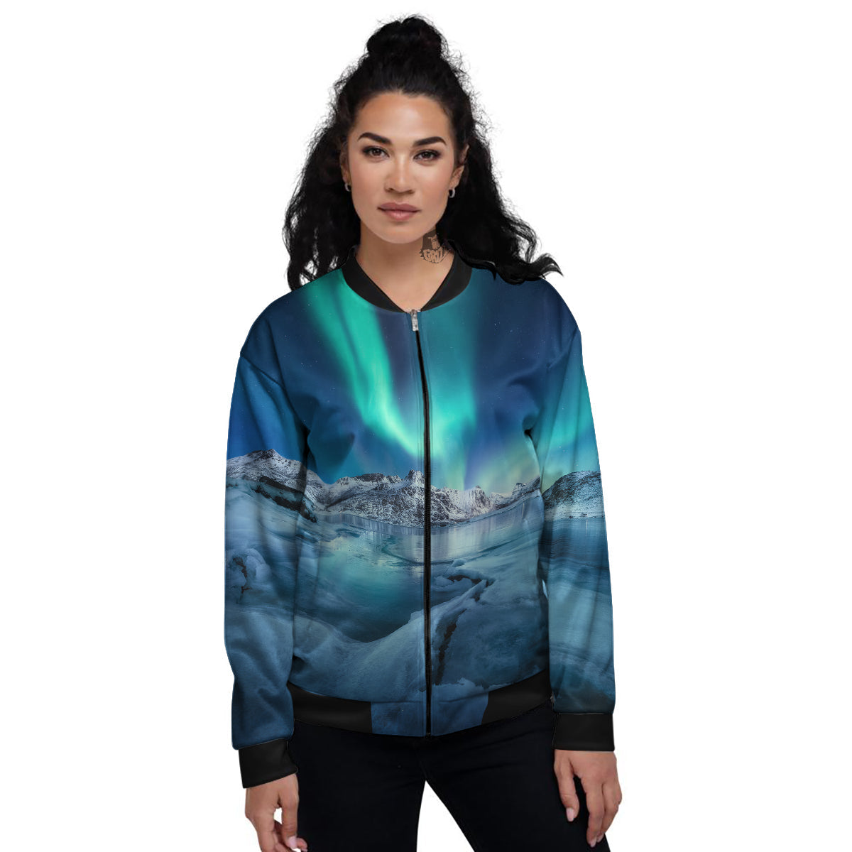 Aurora Borealis Blue Print Women's Bomber Jacket-grizzshop
