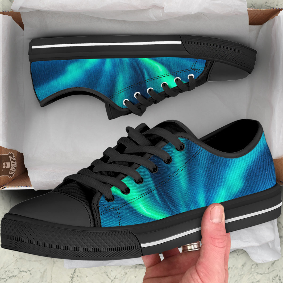 Aurora Green Northern Lights Print Black Low Top Shoes-grizzshop