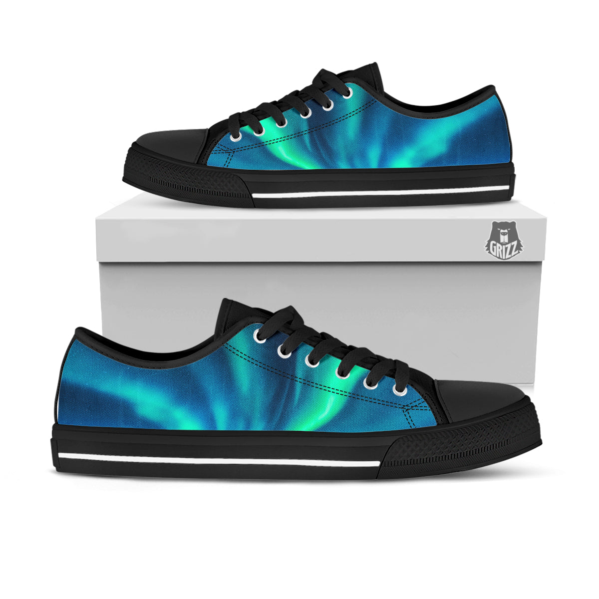 Aurora Green Northern Lights Print Black Low Top Shoes-grizzshop