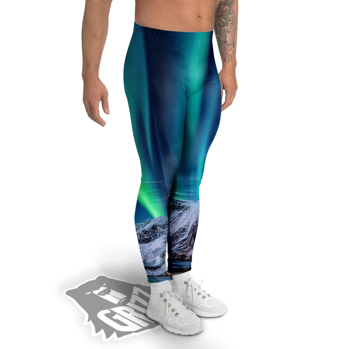 Aurora Green Northern Lights Print Men's Leggings-grizzshop