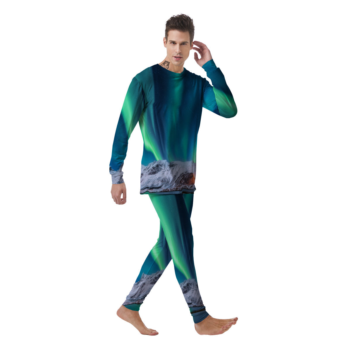 Aurora Green Northern Lights Print Men's Pajamas-grizzshop