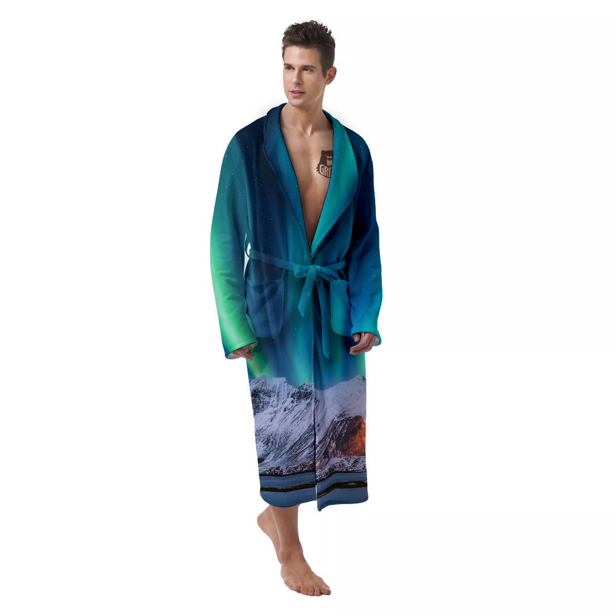 Aurora Green Northern Lights Print Men's Robe-grizzshop