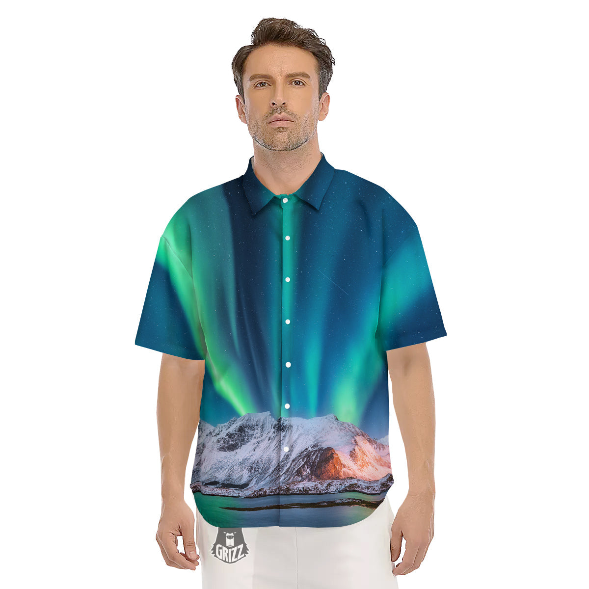 Aurora Green Northern Lights Print Men's Short Sleeve Shirts-grizzshop