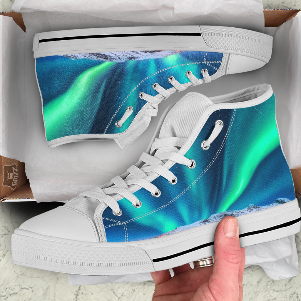 Aurora Green Northern Lights Print White High Top Shoes-grizzshop