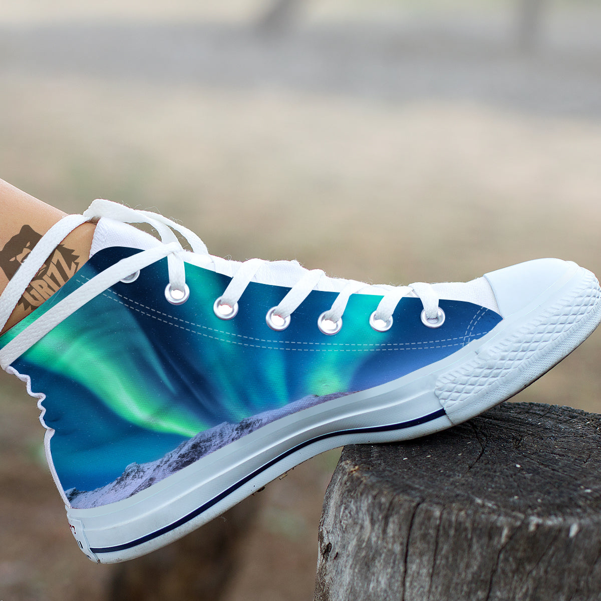 Aurora Green Northern Lights Print White High Top Shoes-grizzshop