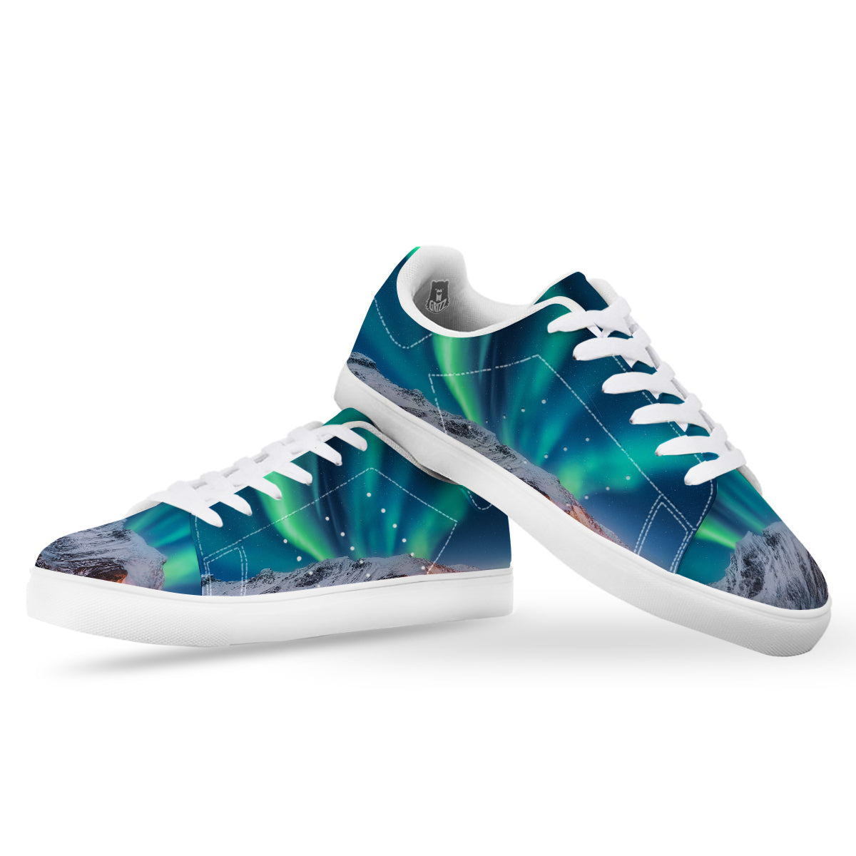 Aurora Green Northern Lights Print White Low Top Sneakers-grizzshop