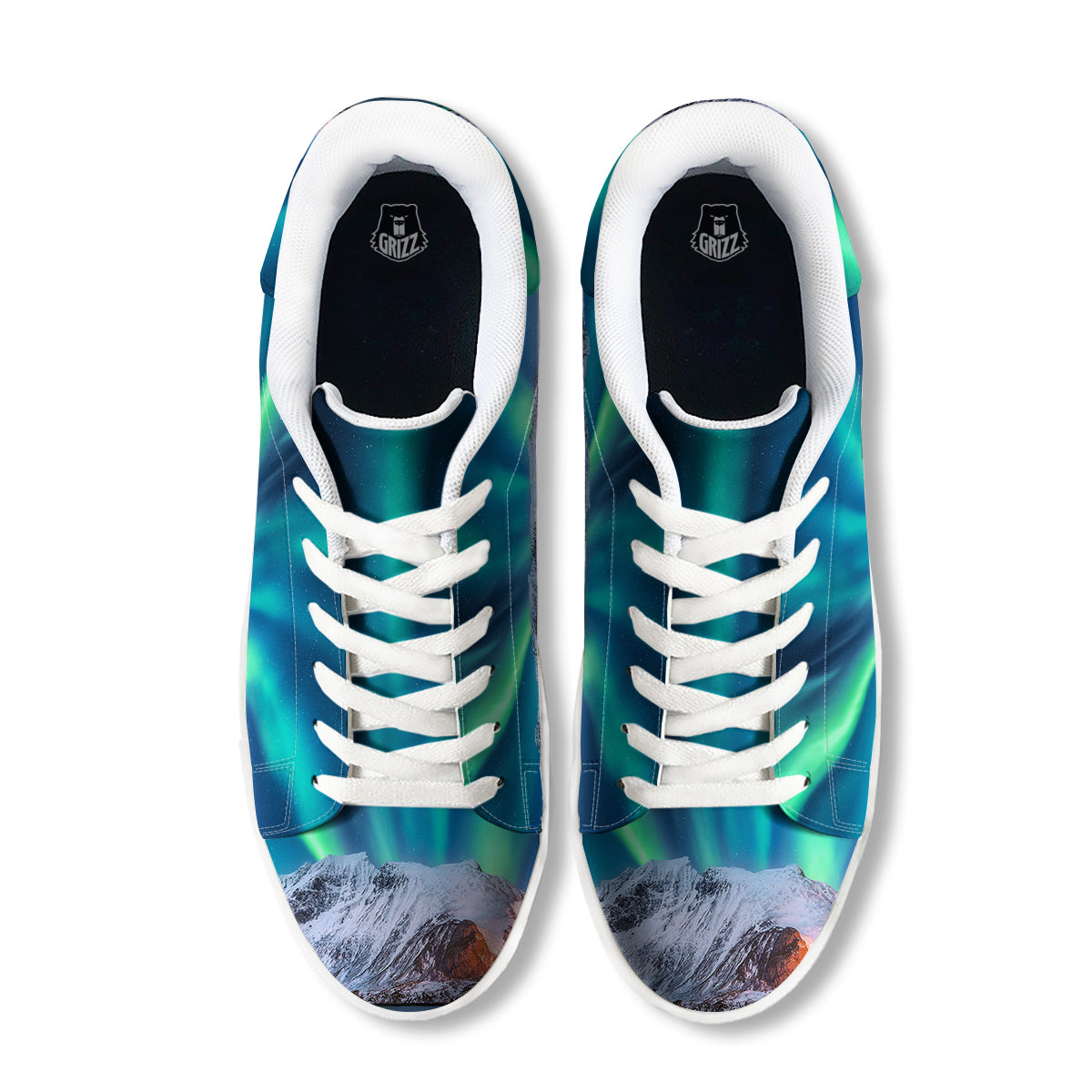 Aurora Green Northern Lights Print White Low Top Sneakers-grizzshop