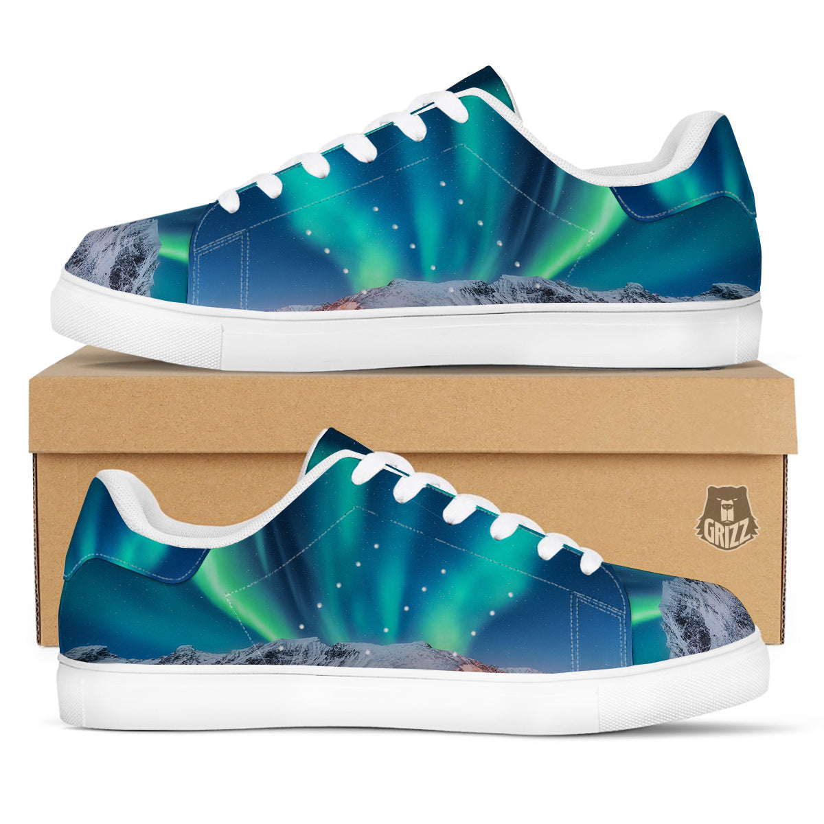 Aurora Green Northern Lights Print White Low Top Sneakers-grizzshop