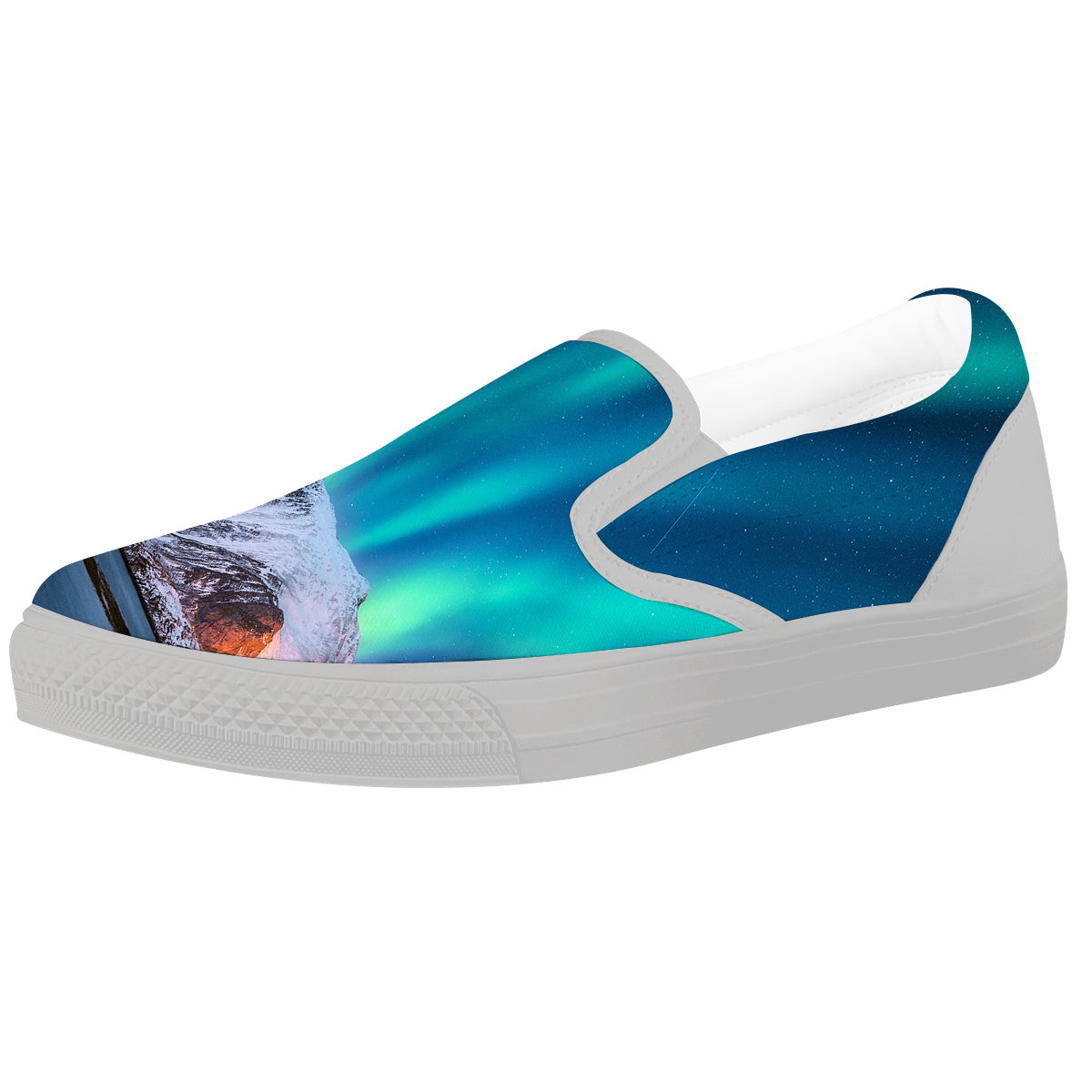 Aurora Green Northern Lights Print White Slip On Shoes-grizzshop