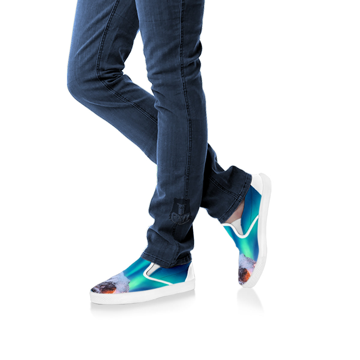 Aurora Green Northern Lights Print White Slip On Shoes-grizzshop