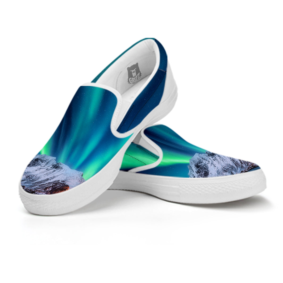 Aurora Green Northern Lights Print White Slip On Shoes-grizzshop