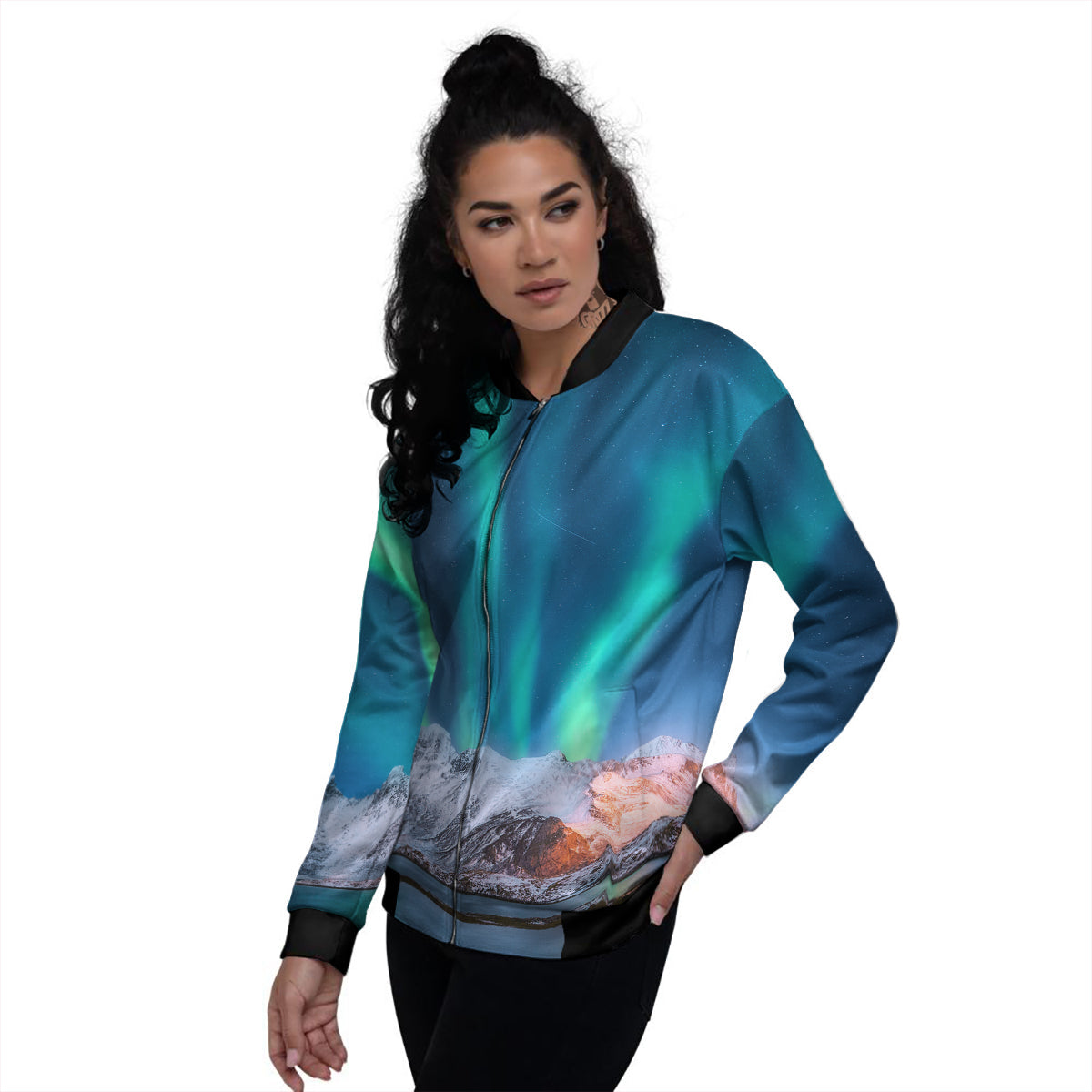 Aurora Green Northern Lights Print Women's Bomber Jacket-grizzshop