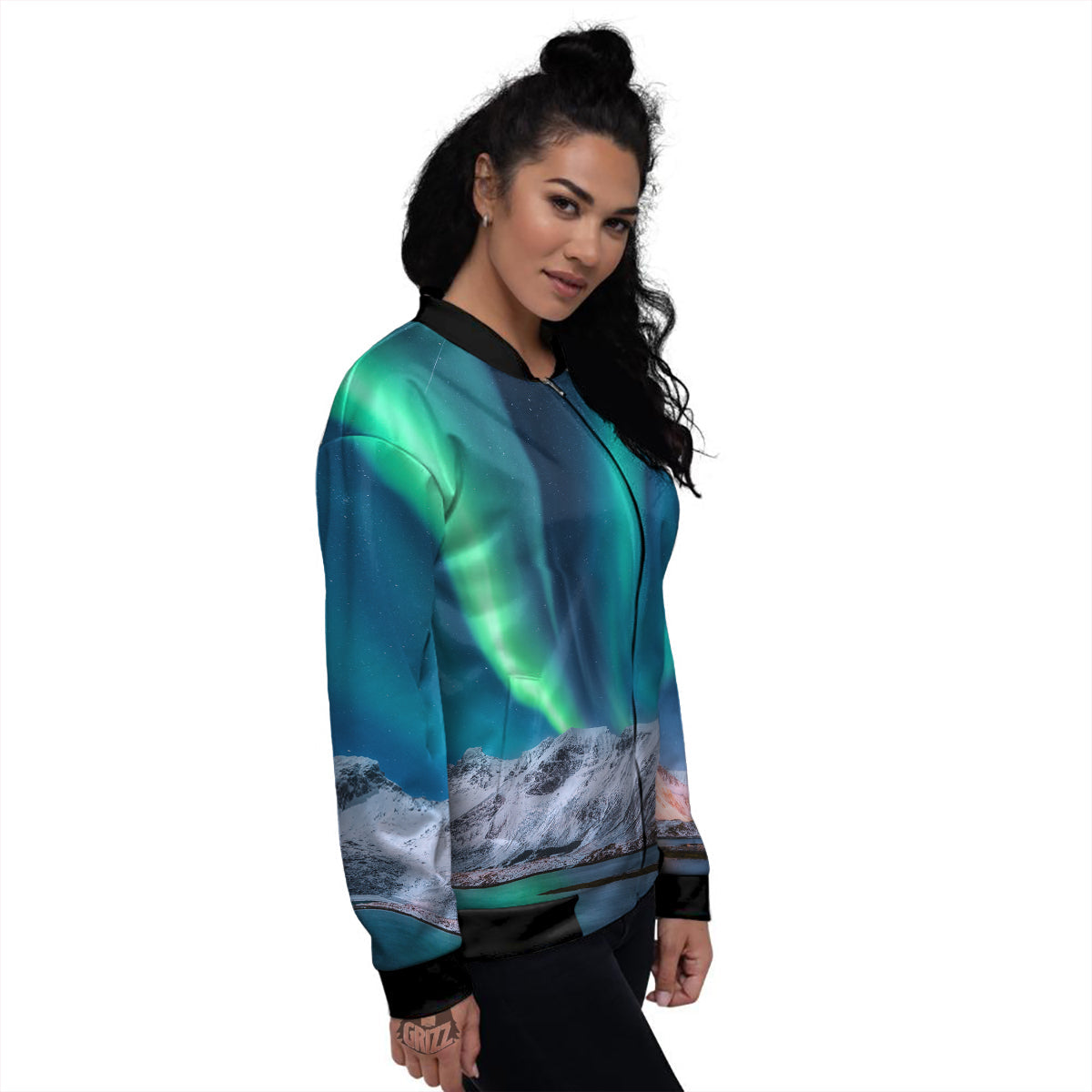 Aurora Green Northern Lights Print Women's Bomber Jacket-grizzshop