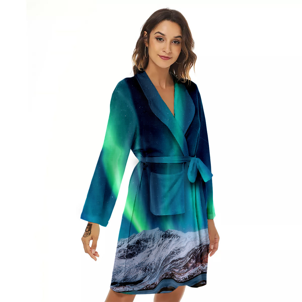 Aurora Green Northern Lights Print Women's Robe-grizzshop