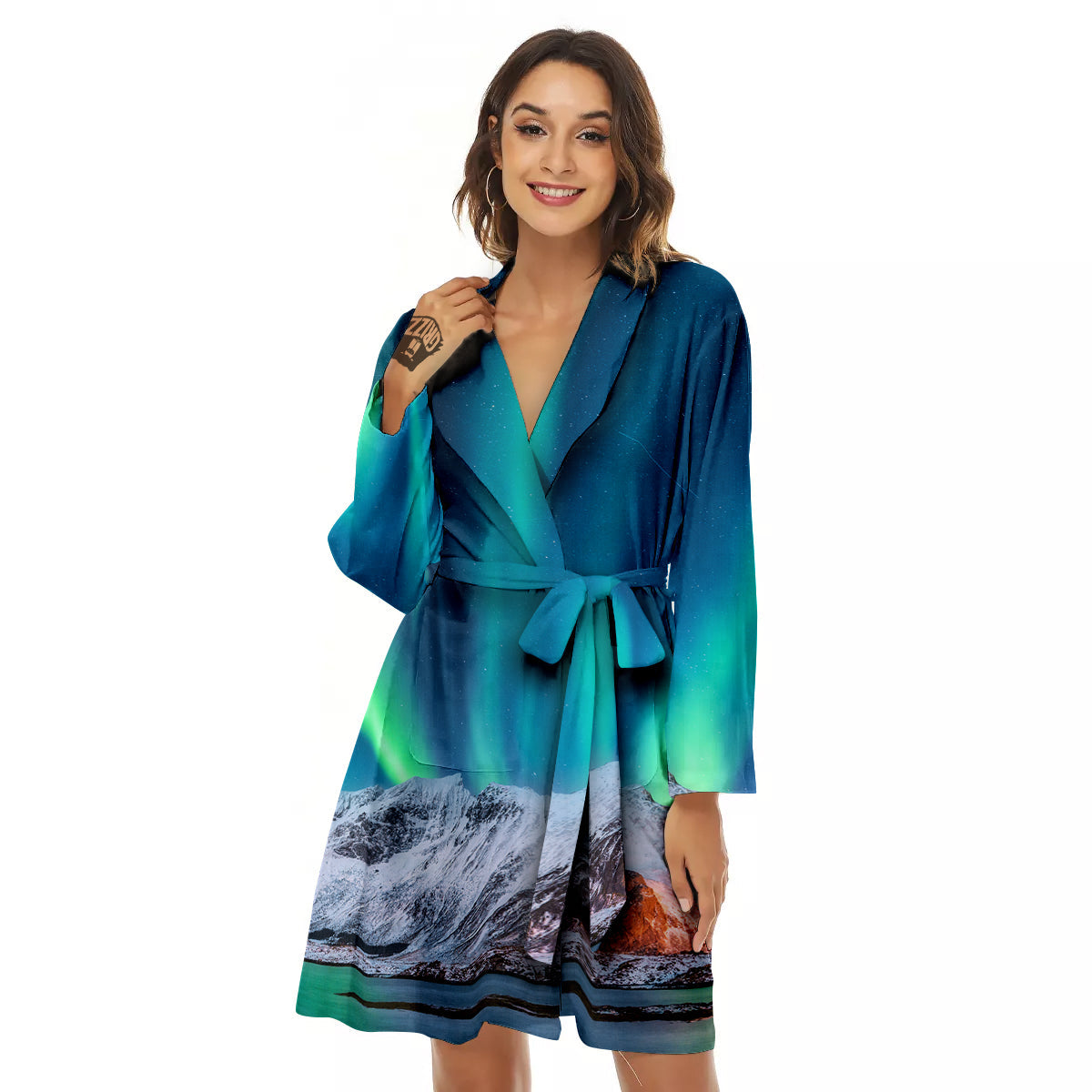 Aurora Green Northern Lights Print Women's Robe-grizzshop