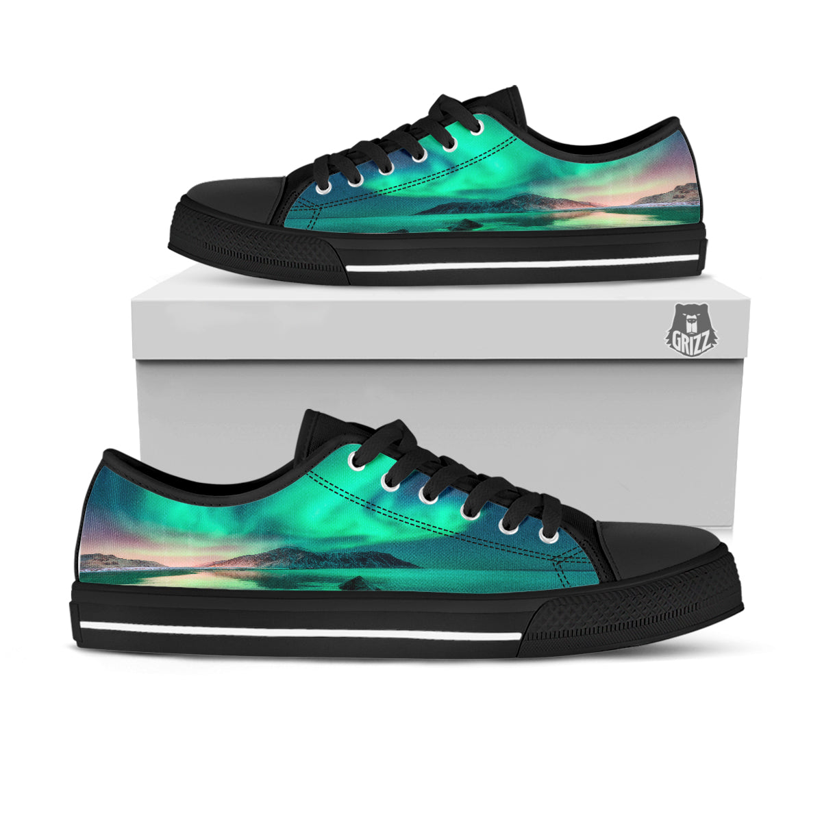 Aurora Northern Lights Print Black Low Top Shoes-grizzshop