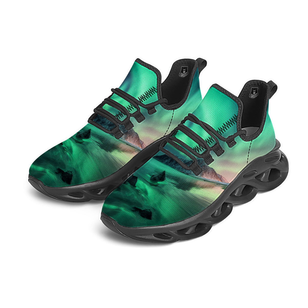 Aurora Northern Lights Print Black Running Shoes-grizzshop
