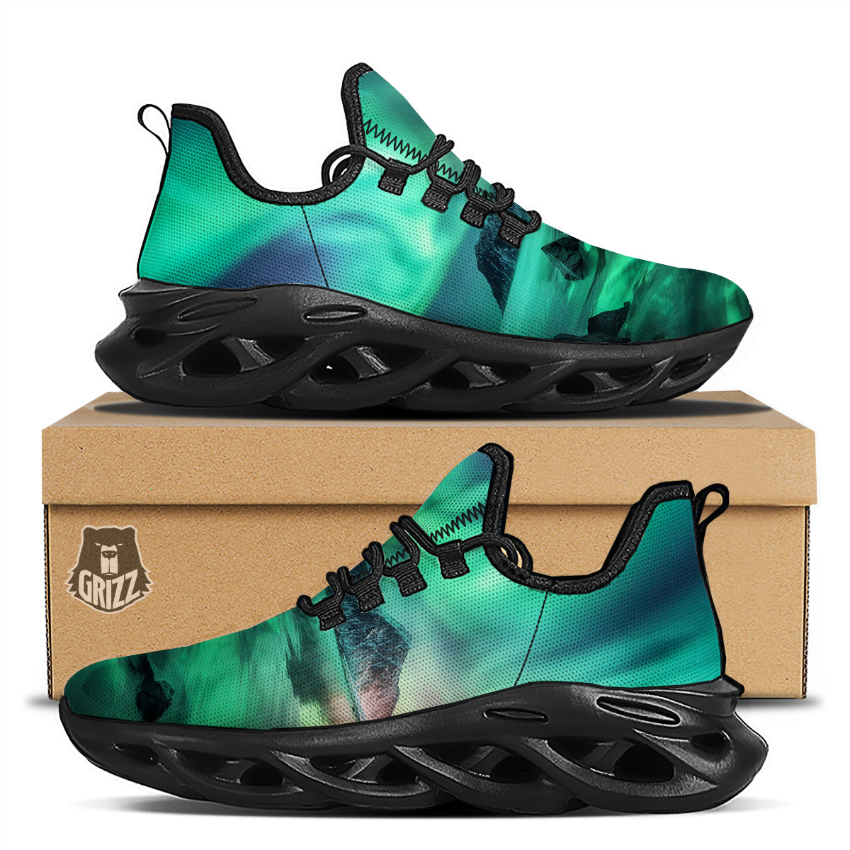 Aurora Northern Lights Print Black Running Shoes-grizzshop