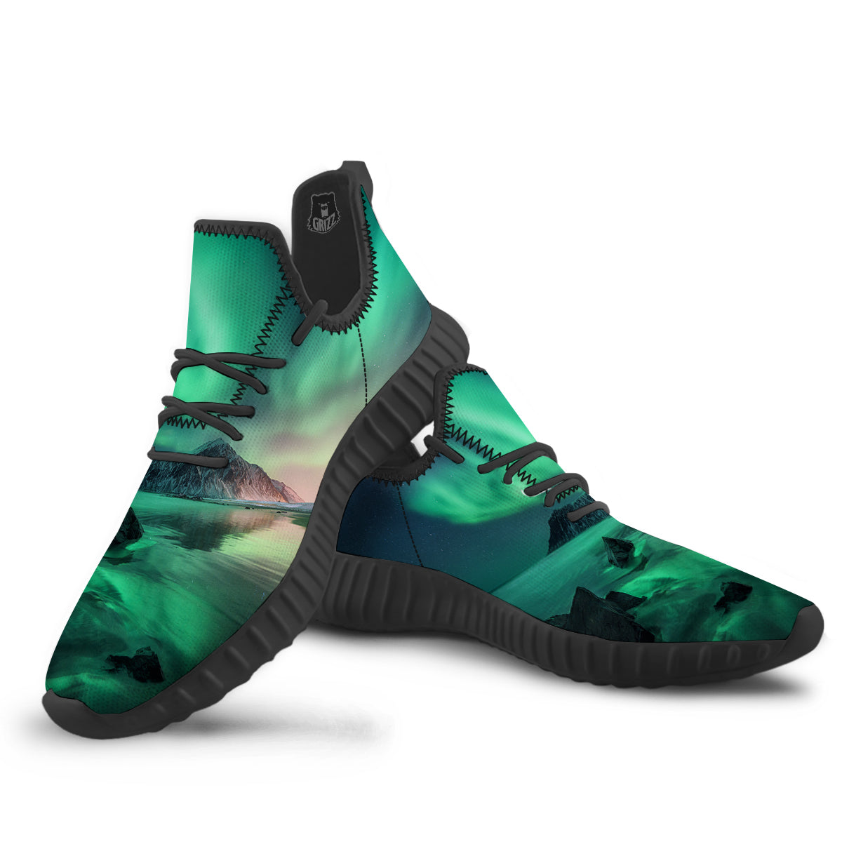 Aurora Northern Lights Print Black Walking Shoes-grizzshop