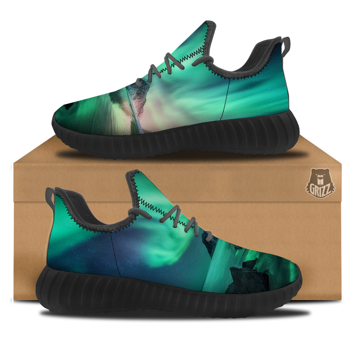 Aurora Northern Lights Print Black Walking Shoes-grizzshop