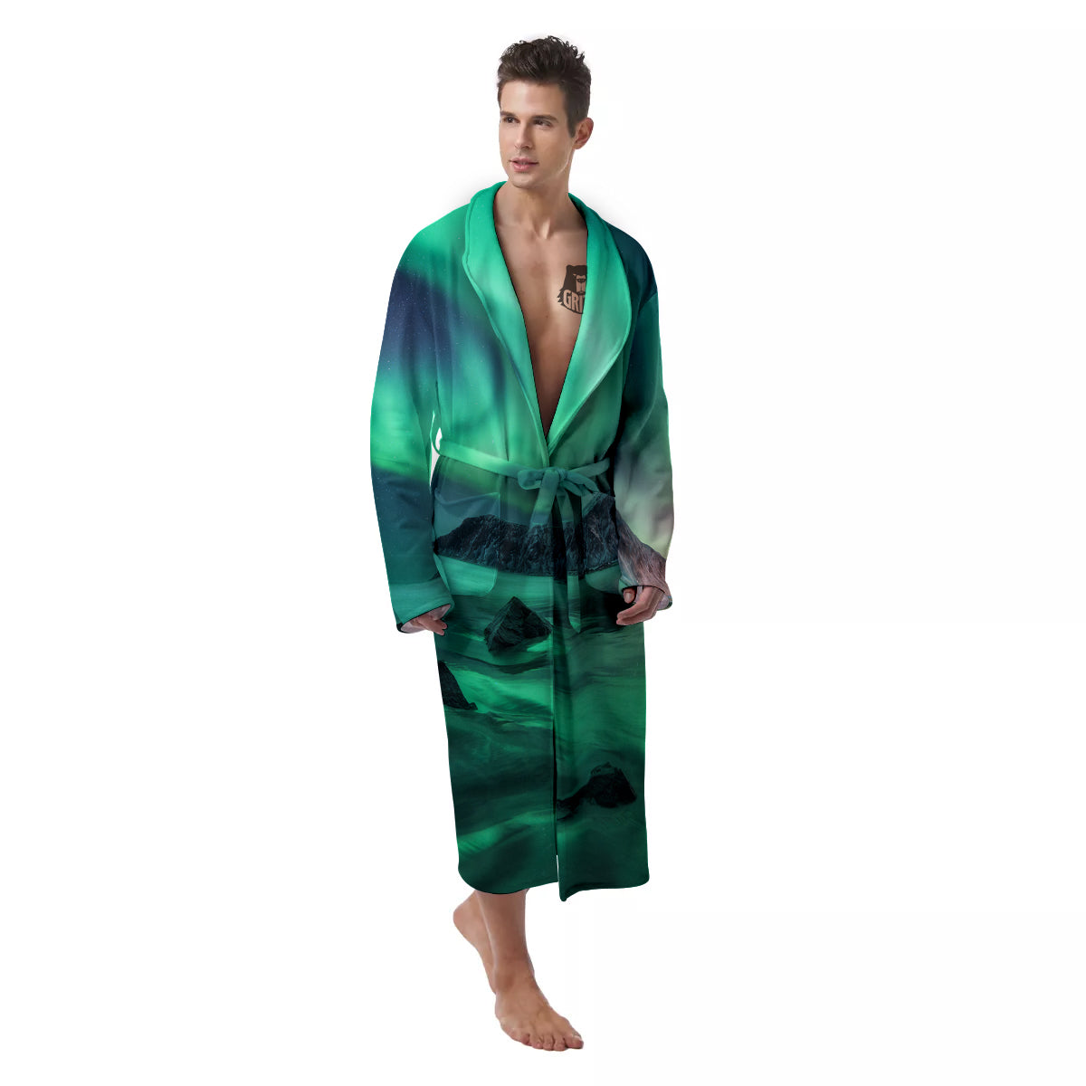 Aurora Northern Lights Print Men's Robe-grizzshop