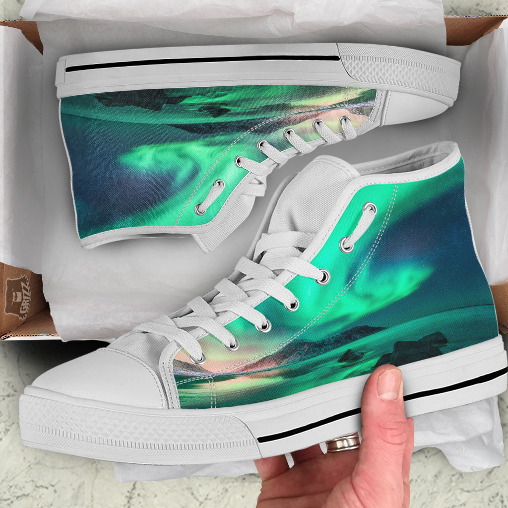 Aurora Northern Lights Print White High Top Shoes-grizzshop