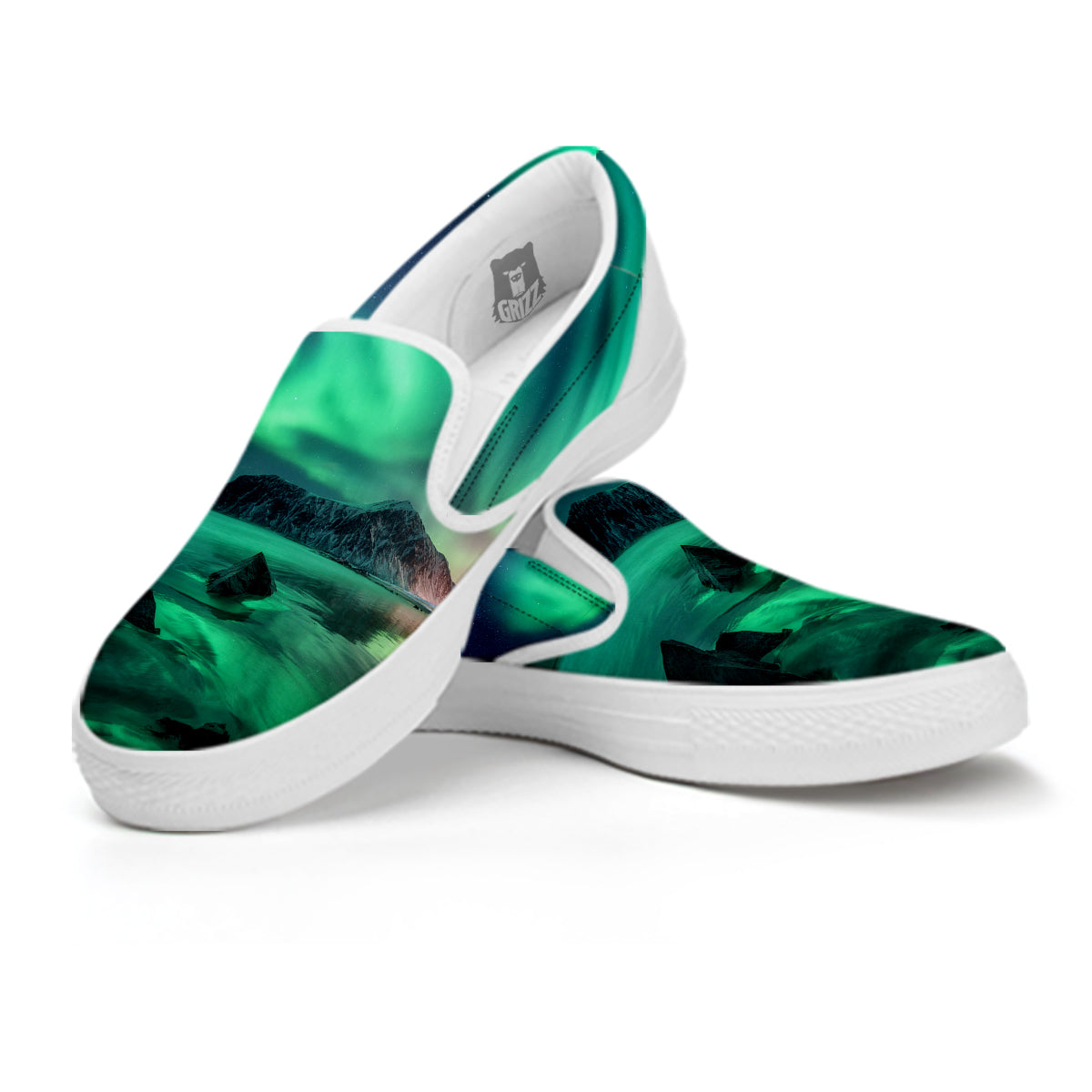 Aurora Northern Lights Print White Slip On Shoes-grizzshop
