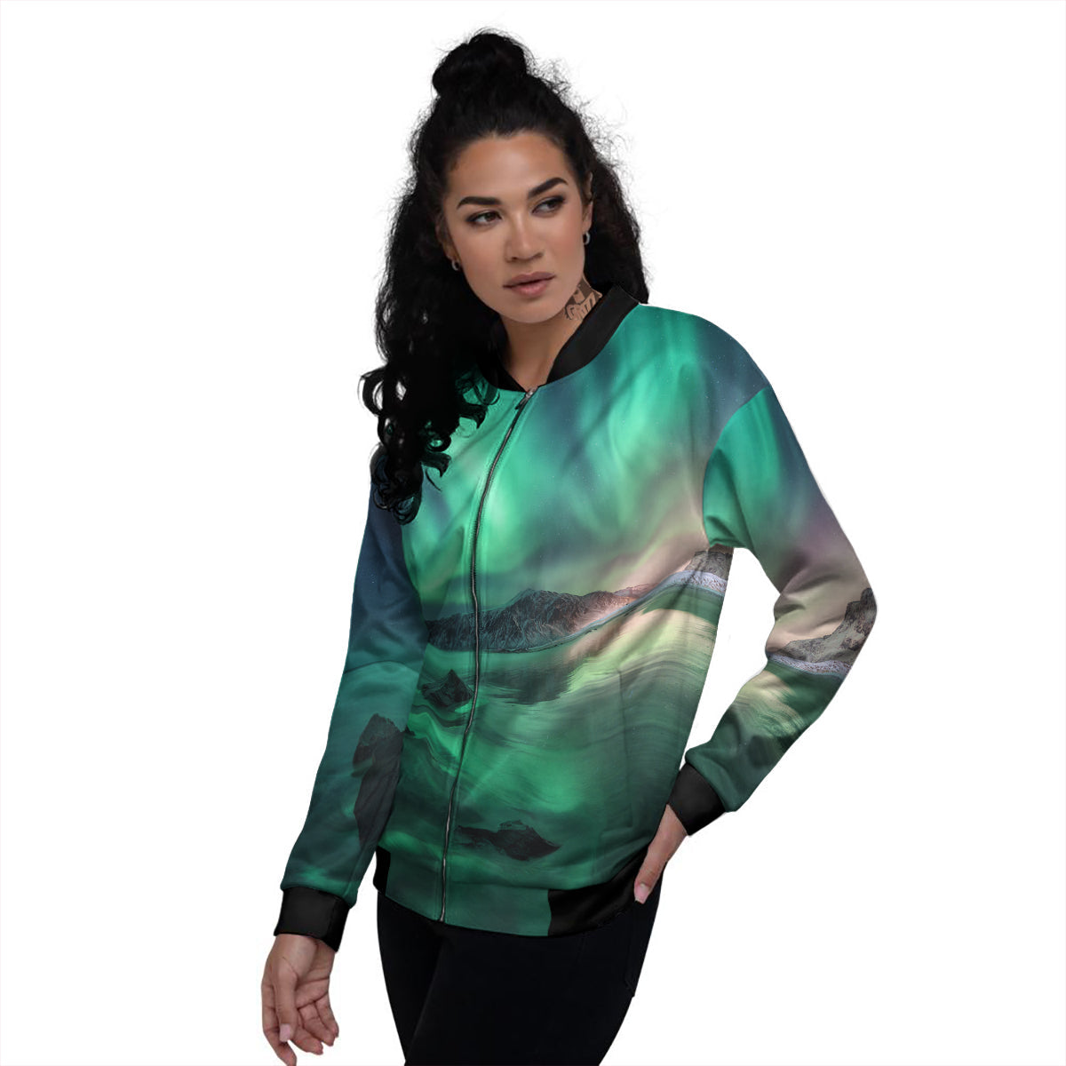 Aurora Northern Lights Print Women's Bomber Jacket-grizzshop