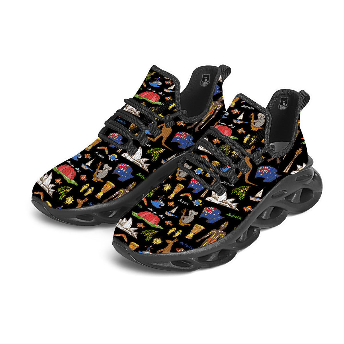 Australia Theme Print Pattern Black Running Shoes-grizzshop