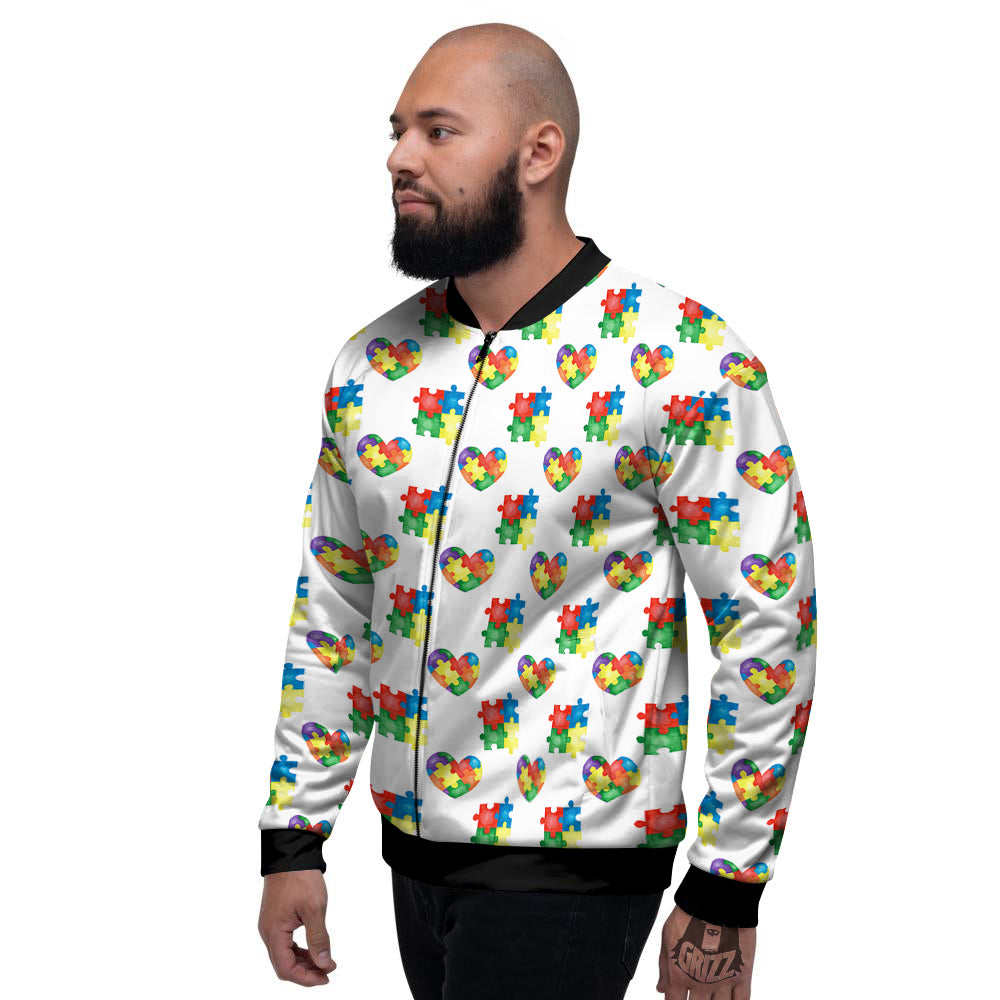 Autism Awareness Heart Print Pattern Men's Bomber Jacket-grizzshop