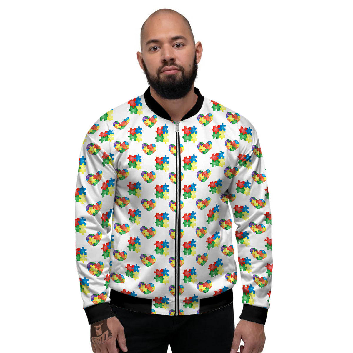 Autism Awareness Heart Print Pattern Men's Bomber Jacket-grizzshop