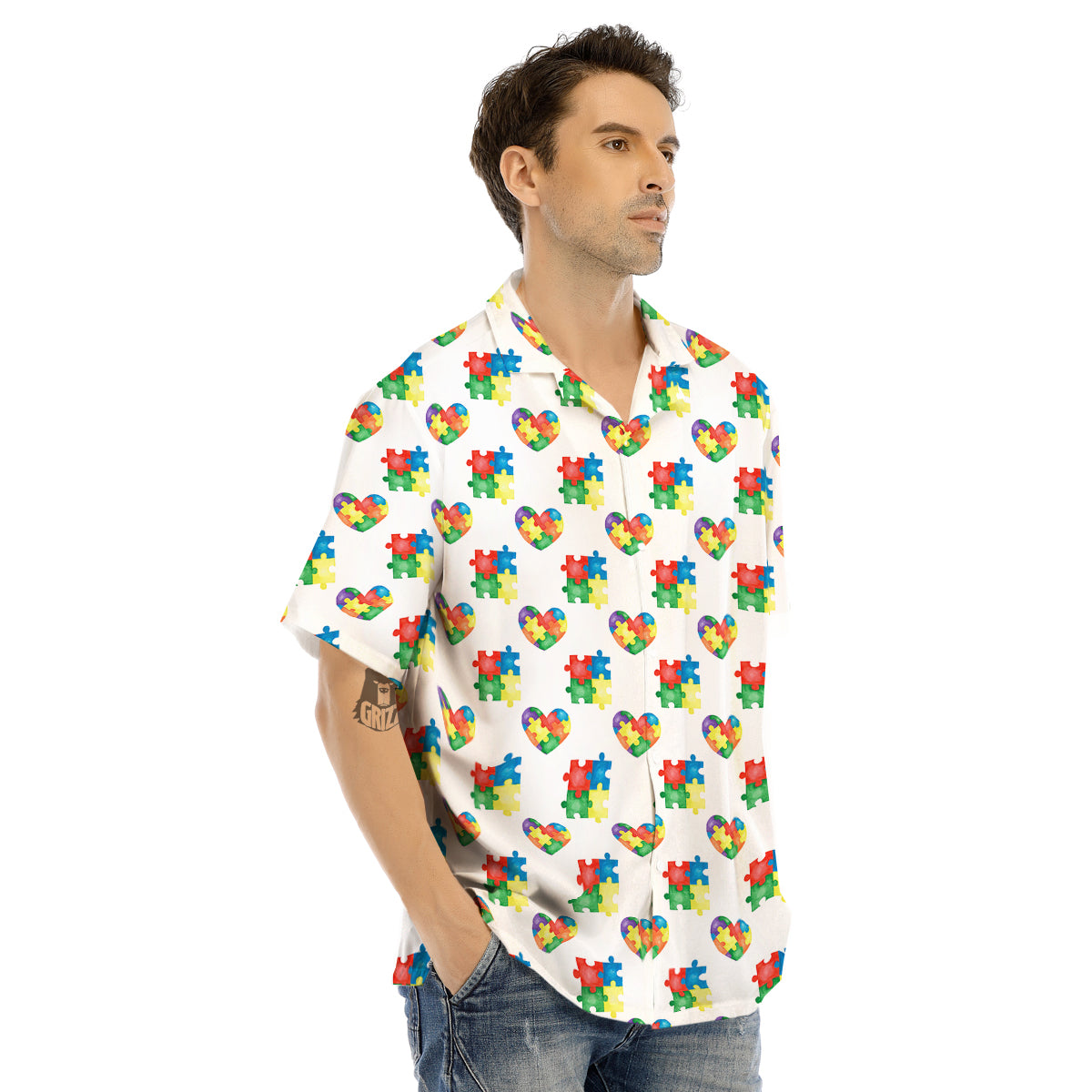 Autism Awareness Heart Print Pattern Men's Hawaiian Shirt-grizzshop