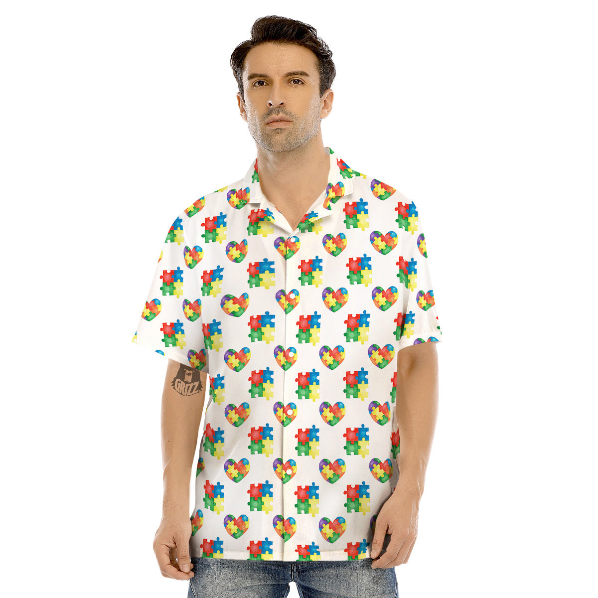Autism Awareness Heart Print Pattern Men's Hawaiian Shirt-grizzshop