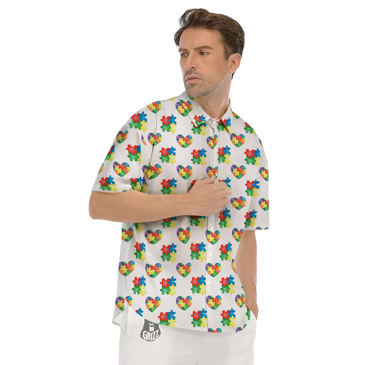 Autism Awareness Heart Print Pattern Men's Short Sleeve Shirts-grizzshop