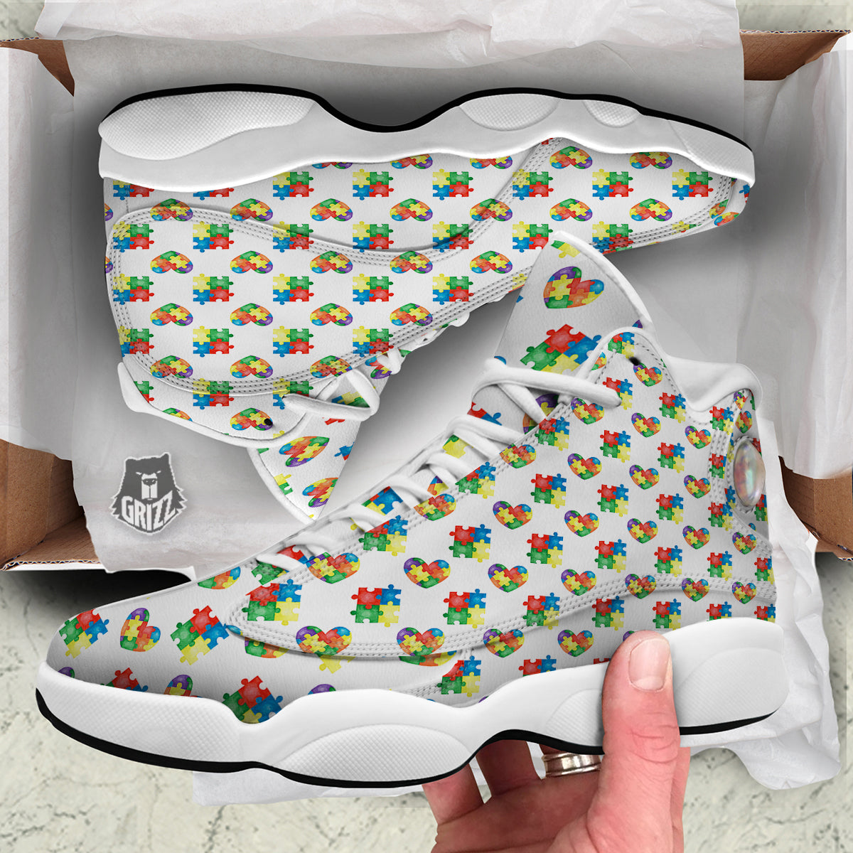 Autism Awareness Heart Print Pattern White Basketball Shoes-grizzshop