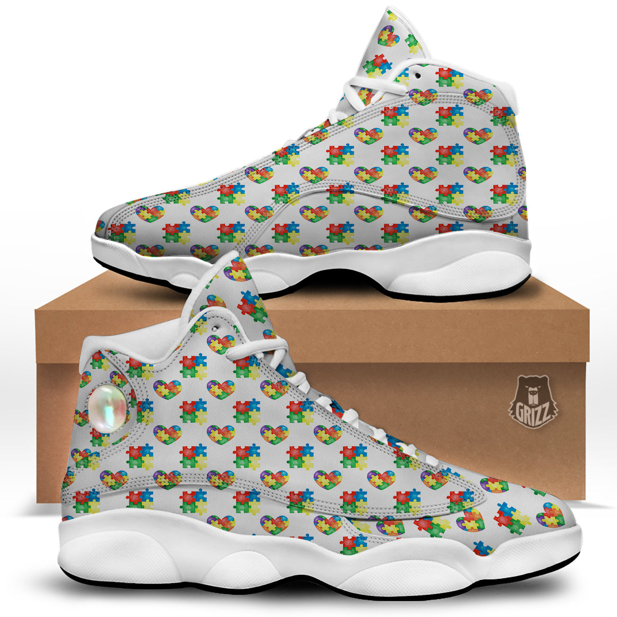 Autism Awareness Heart Print Pattern White Basketball Shoes-grizzshop