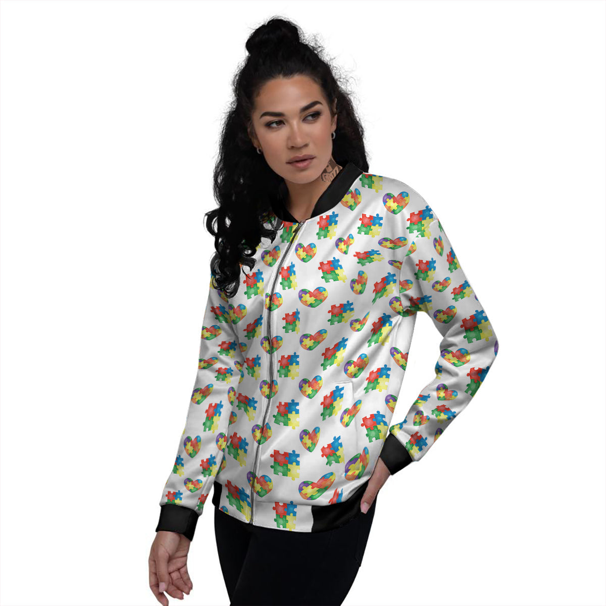 Autism Awareness Heart Print Pattern Women's Bomber Jacket-grizzshop