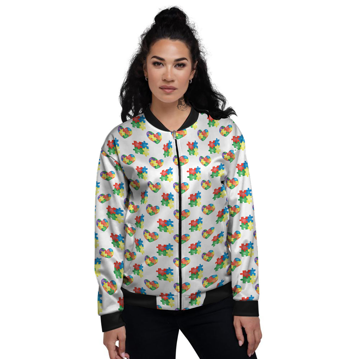 Autism Awareness Heart Print Pattern Women's Bomber Jacket-grizzshop