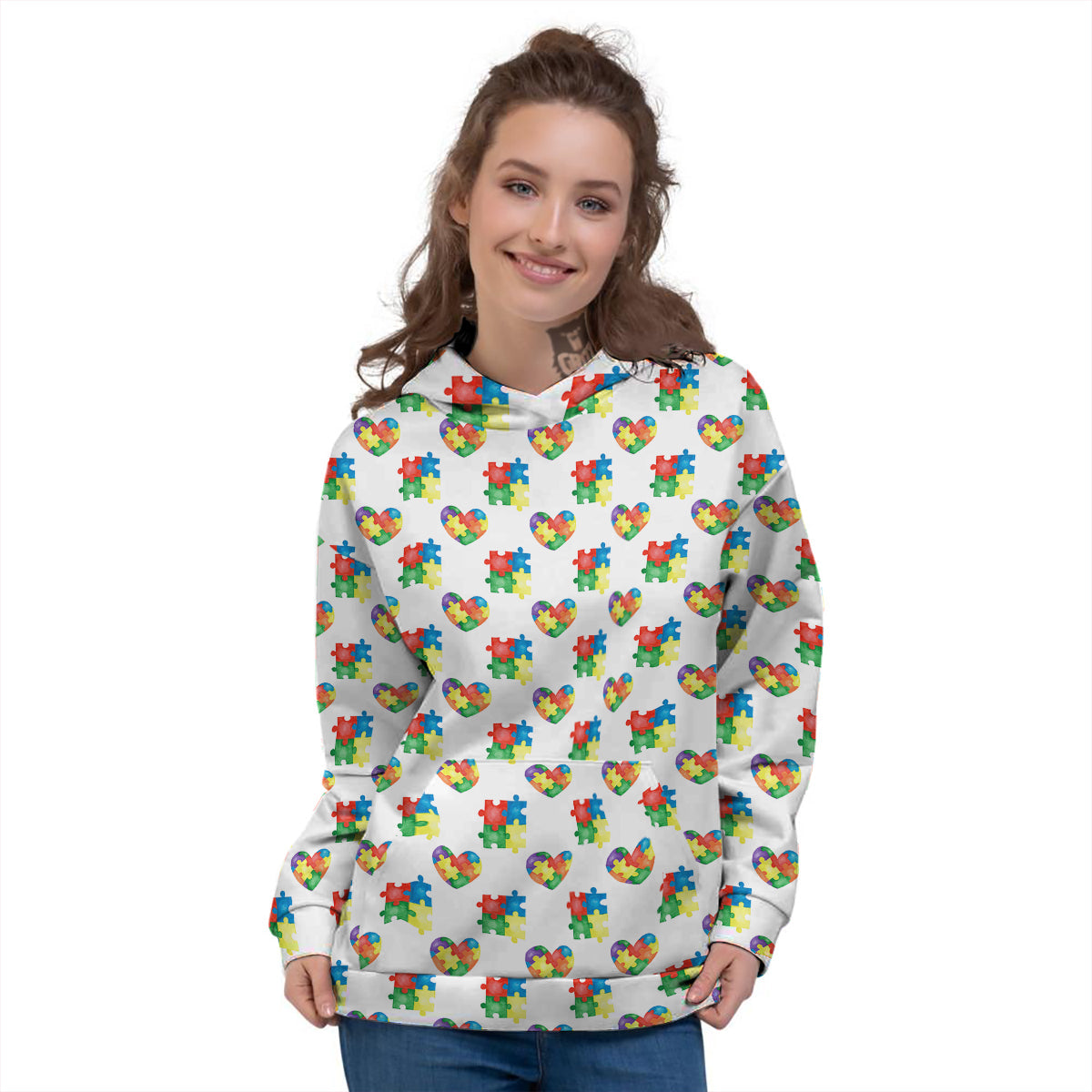 Autism Awareness Heart Print Pattern Women's Hoodie-grizzshop