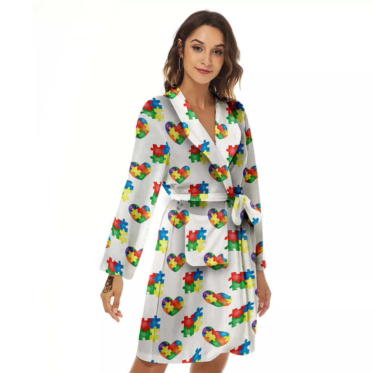 Autism Awareness Heart Print Pattern Women's Robe-grizzshop