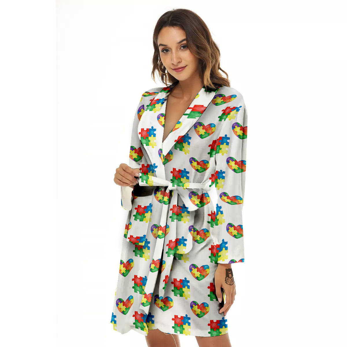 Autism Awareness Heart Print Pattern Women's Robe-grizzshop