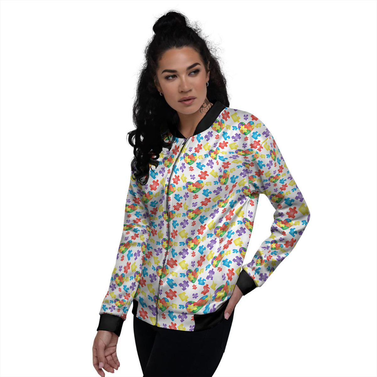 Autism Awareness Print Pattern Women's Bomber Jacket-grizzshop